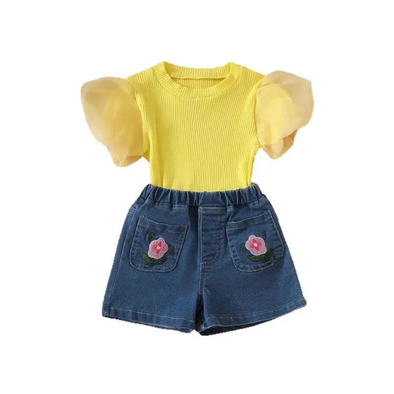 2025 Summer New Mesh Puffy Sleeve T-Shirt + Embroidered Denim Shorts 2 Piece Girl's Set