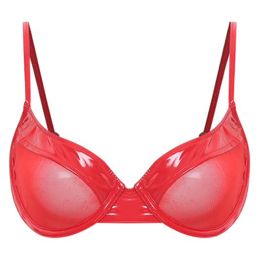 Female 3/4 Cup Push Up Brassiere with Wire Adult Women Swimwear Tops Plus Size Patent Leather Lingerie Bra Bralette Underwear