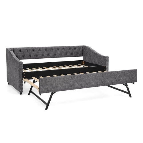 Grey Button-Tufted Twin Daybed with USB Charging and Pull-out