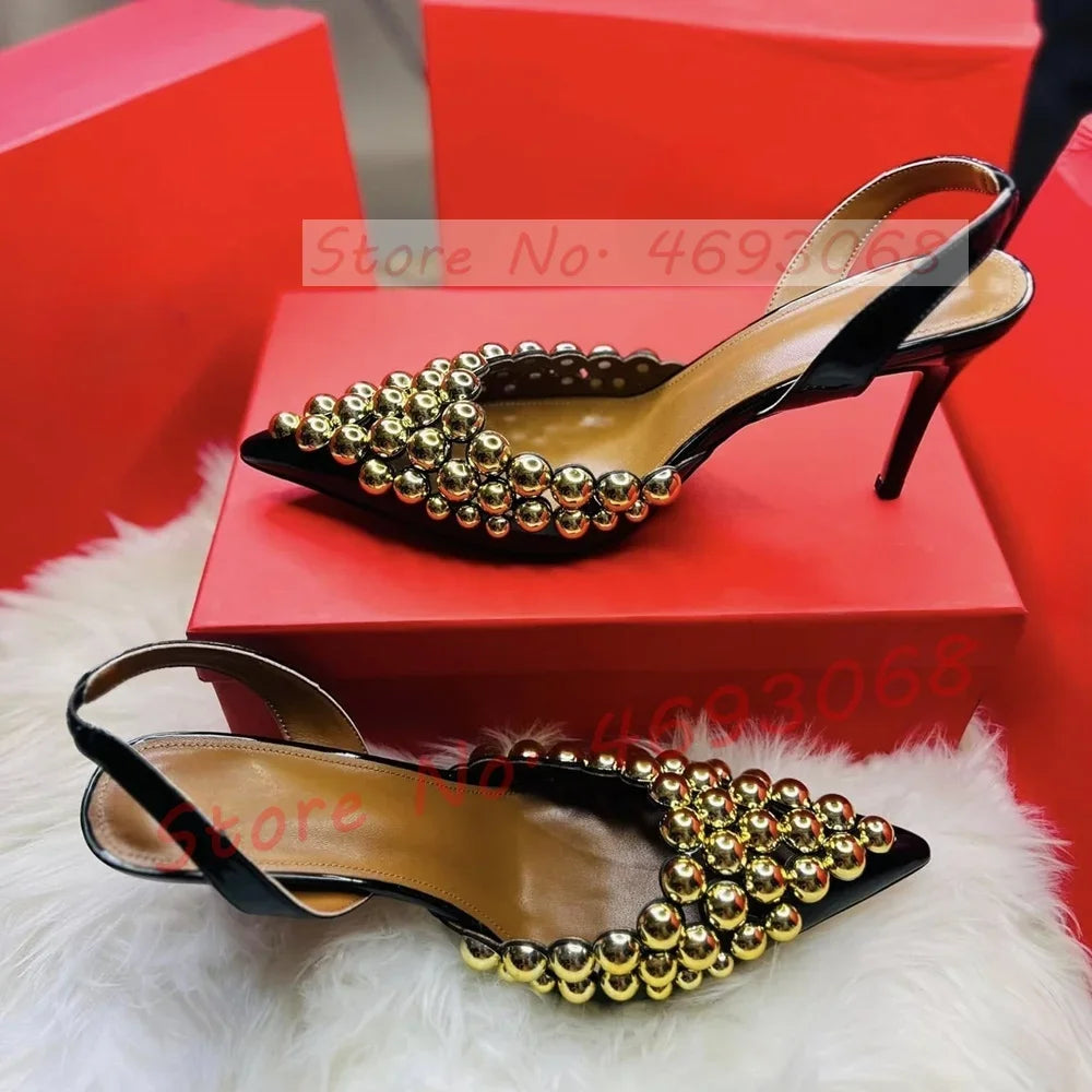Sexy Pointed Toe Sandals With Metal Ball Spikes Women Bling Slingback Stiletto Sandals Ladies Summer Studded Buckle Straps Shoes