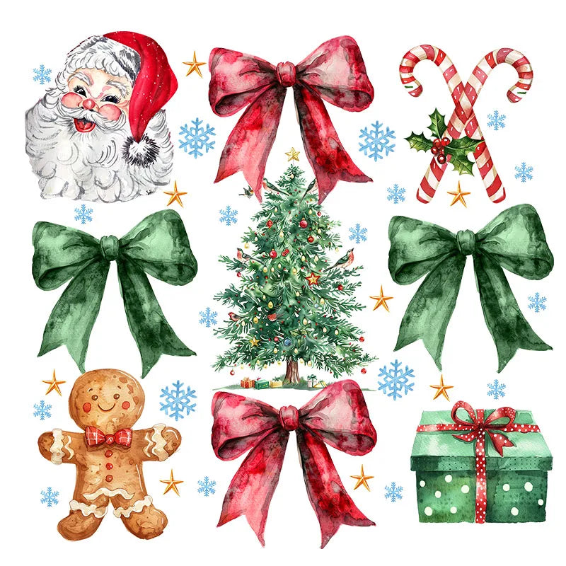 Pink Merry Christmas Bow Santa Claus Heat Transfer Patch Sticke Iron-On Decals T-shirts Sweatshirts Clothing Fabric Winter Decor