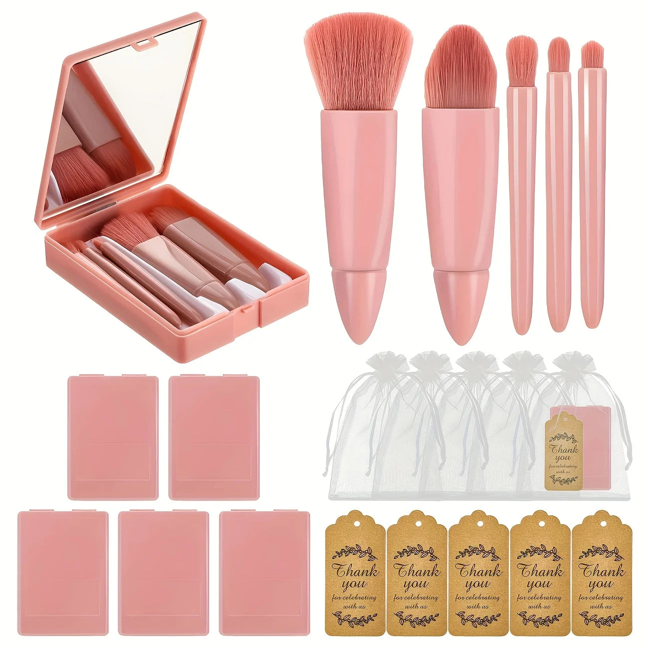 A 15-piece wedding travel makeup brush set, including makeup brushes in a makeup box, thank-you cards, transparent hard gauze ba