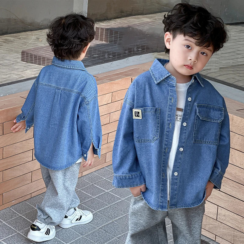 Classic Design Baby Kids Denim Jacket with Front Pockets for Boys Casual Outfit Children Fashion Denim Coat Age 2 To 9 Years Old