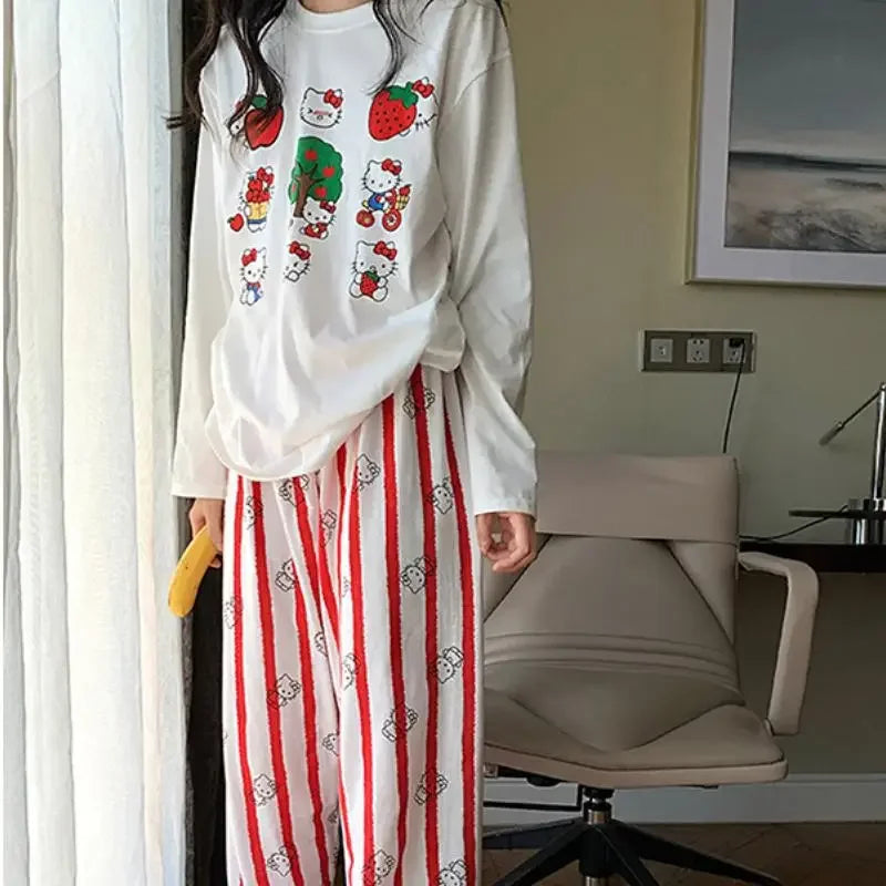 Hello Kitty Cartoon Girl Long Sleeved T Shirt Home Clothes Set Anime Sanrio Print Kawaii Spring Autumn New Trousers Pajama Sweet