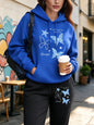 Blue Butterfly Star Printed Womens Pocket Jogging Hoodie Set Street Loose Sweatpants Fleece Casual Clothing Sports Pullover