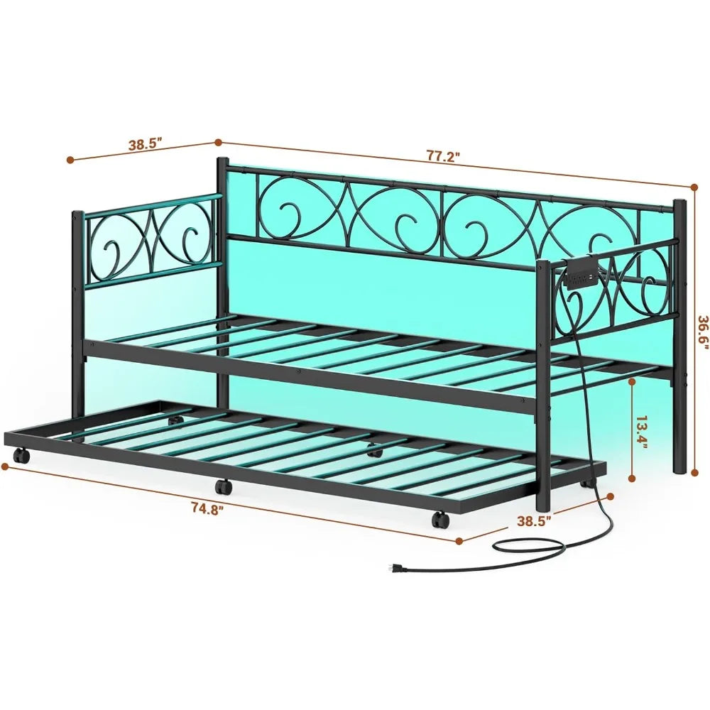 Daybed with Trundle Bed, Twin Bed Frame with Charging Station and LED Lights, Metal Sofa Day Bed with Pop Up Trundle and Steel
