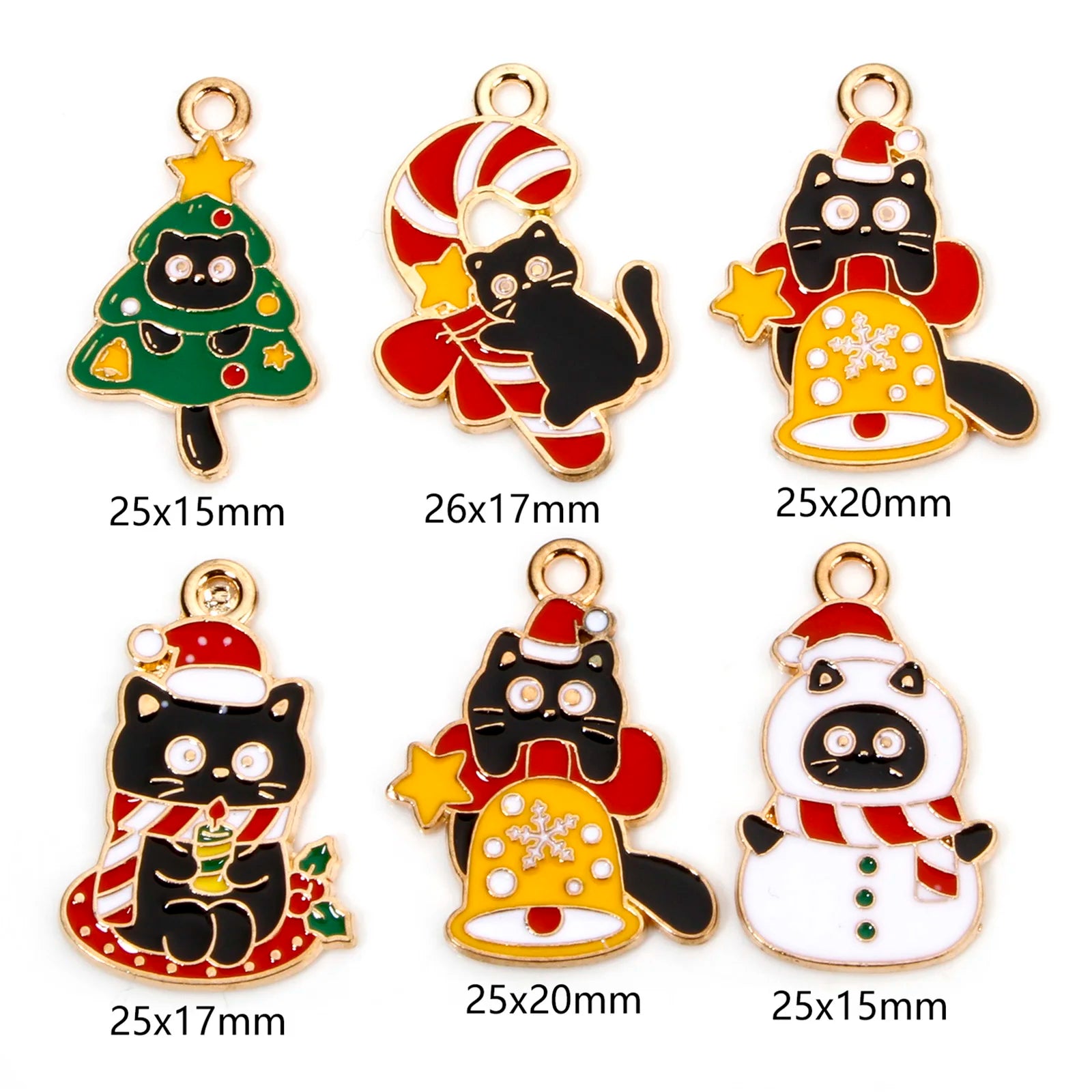 10pcs New Christmas Charms Multicolor Cat Animal Christmas Tree Bell Enamel Metal Pendants DIY Women Necklace Earrings Jewelry