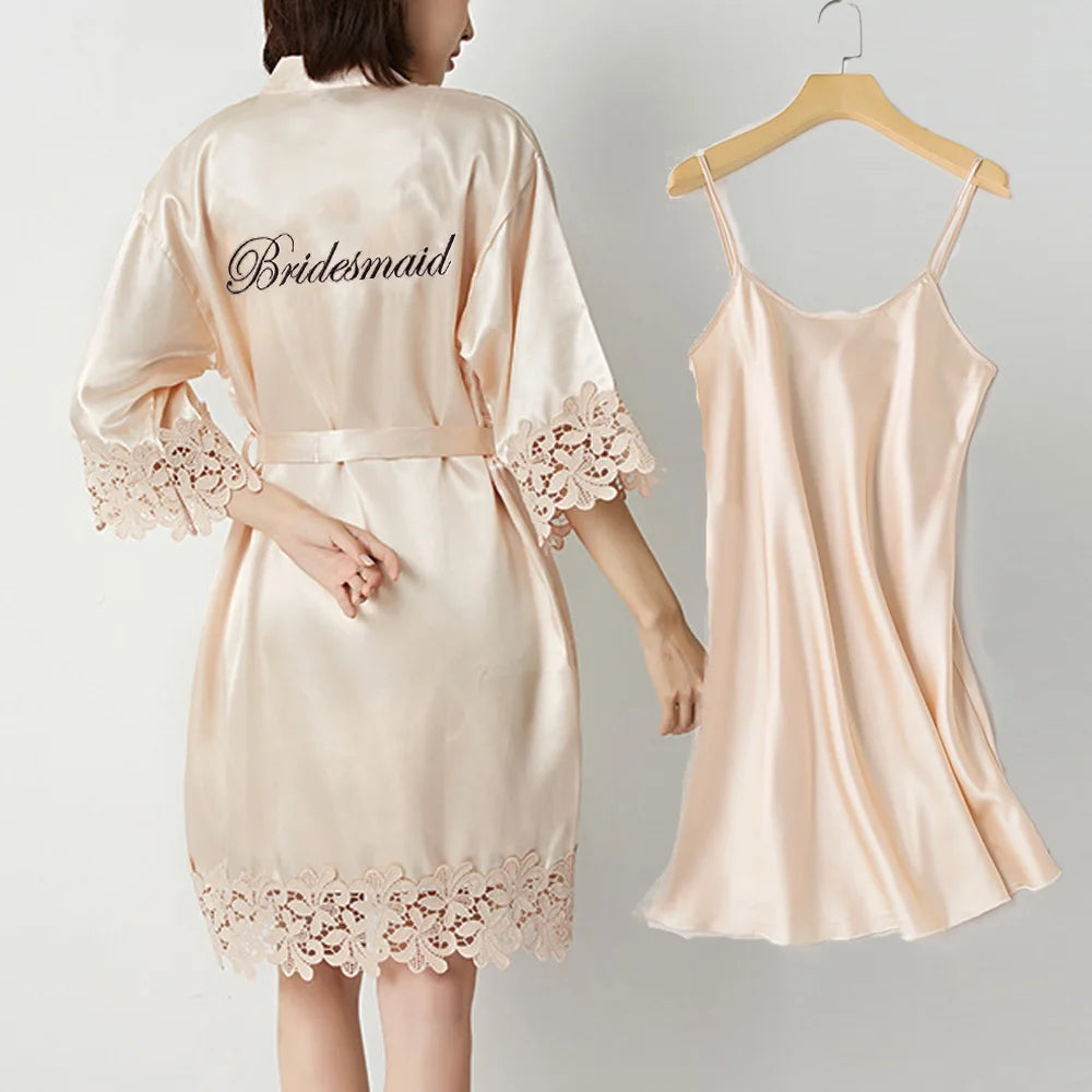 Sexy Lace Bride Bridesmaid Kimono Dresses Robes Women Home Gown Intimate Lingerie Wedding Robe Set Night Sleepwear Bathrobe 2PCS