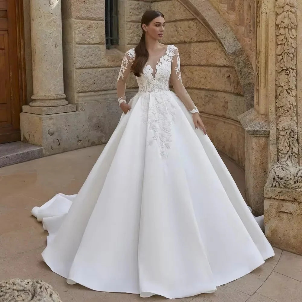 Elegant Satin Lace Applique Wedding Dress Long Sleeves Scoop Neck Back Buttons Bridal Gown for Women