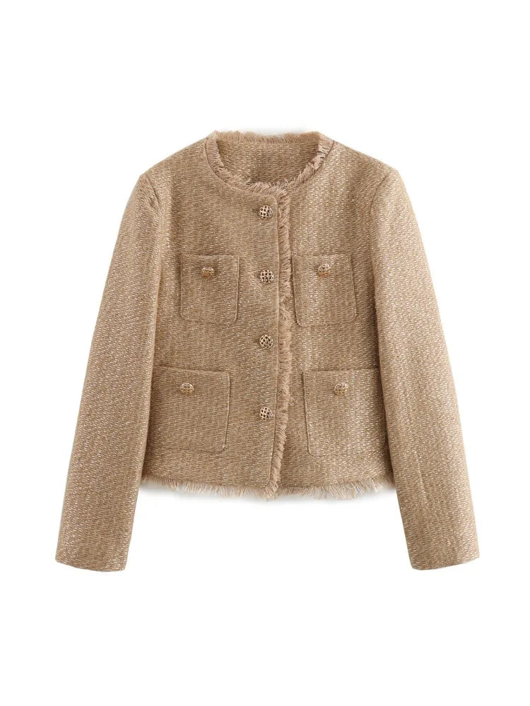 Women Elegant Tweed Cropped Jacket Autumn Button Frayed Long Sleeve Jackets 2024 Female Fashion O-neck Pocket Short Coats