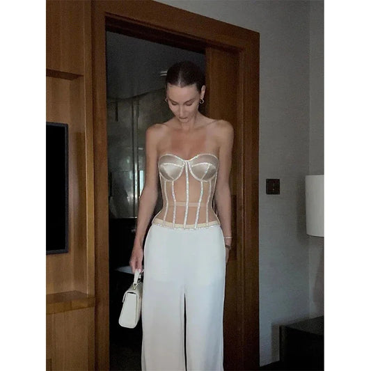 Luxury Crystal Women Corset Slim Bright Rhinestone Vest Sexy Transparent Mesh Bra Black Lace Netting Female Bustiers Lingerie