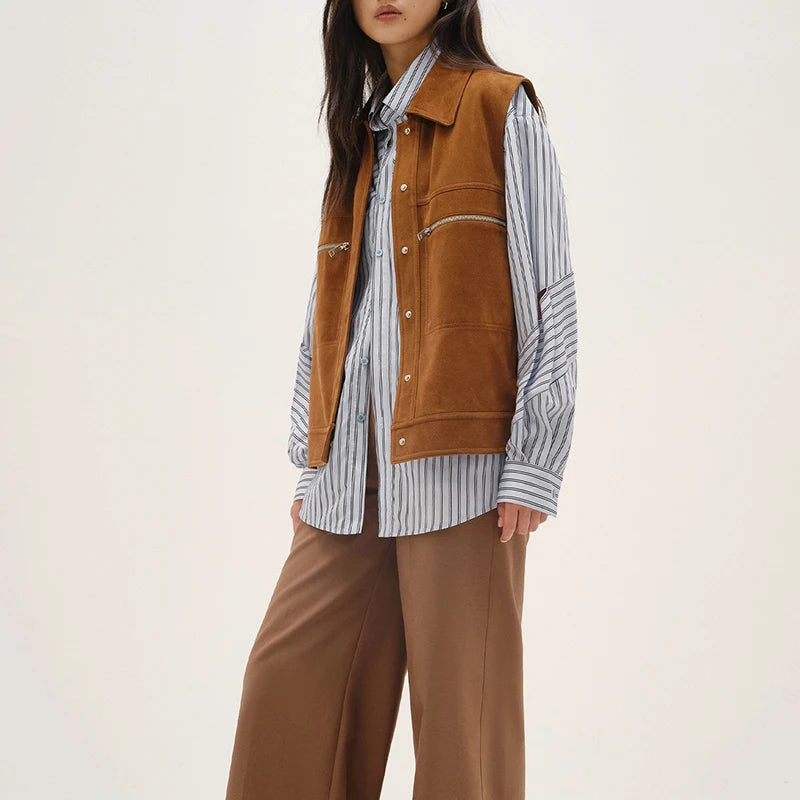 Sheepskin Suede Vest Women Spring Unisex Vintage Style Lapel Single-Breasted Yellowish Brown Genuine Leather Sleeveless Jackets