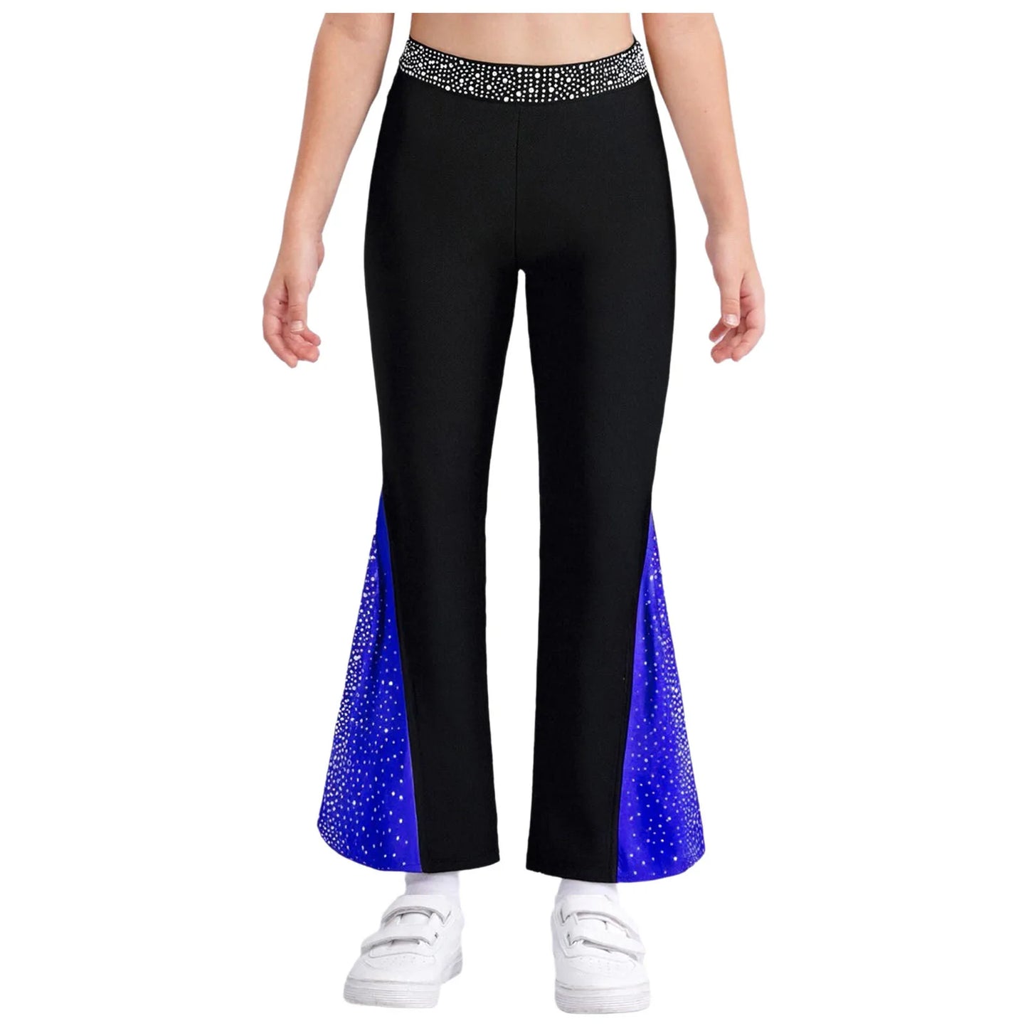 Kids Girls Lyrical Jazz Dance Costume Figure Skating Gymnastics Dancewear Long Sleeve Color Block Crop Top+Bell-Bottomed Pants