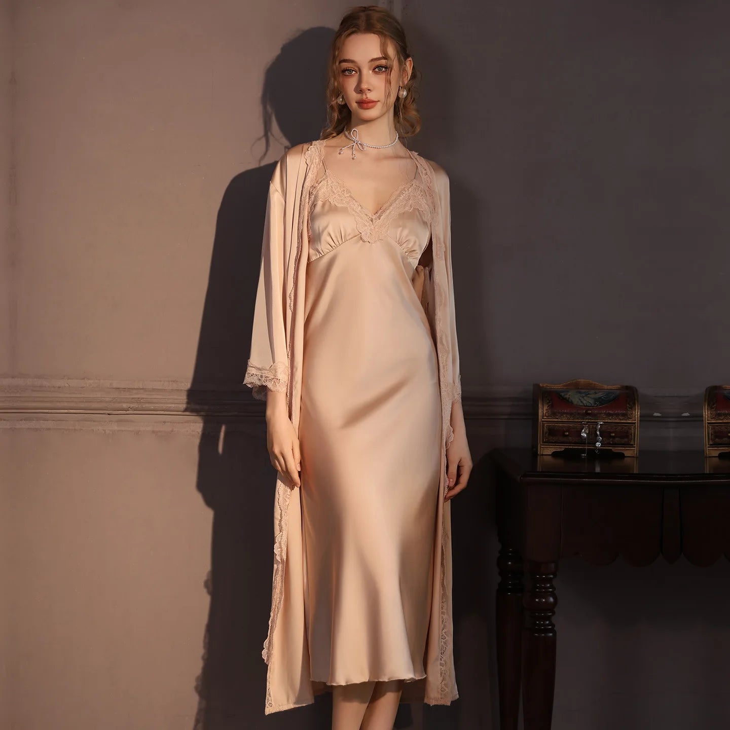 Elegant Female Twinset Robe Set Long Kimono Bathrobe Gown Sexy Lace Nightgown Lingerie Spring Autumn New Sleepwear Home Dress