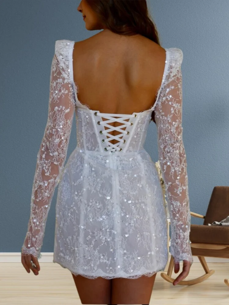 Elegant Lace Long Sleeve Mini Dress Sweetheart Shining Party Dress Women's Slimming Cocktail Party Dress Customization 2026