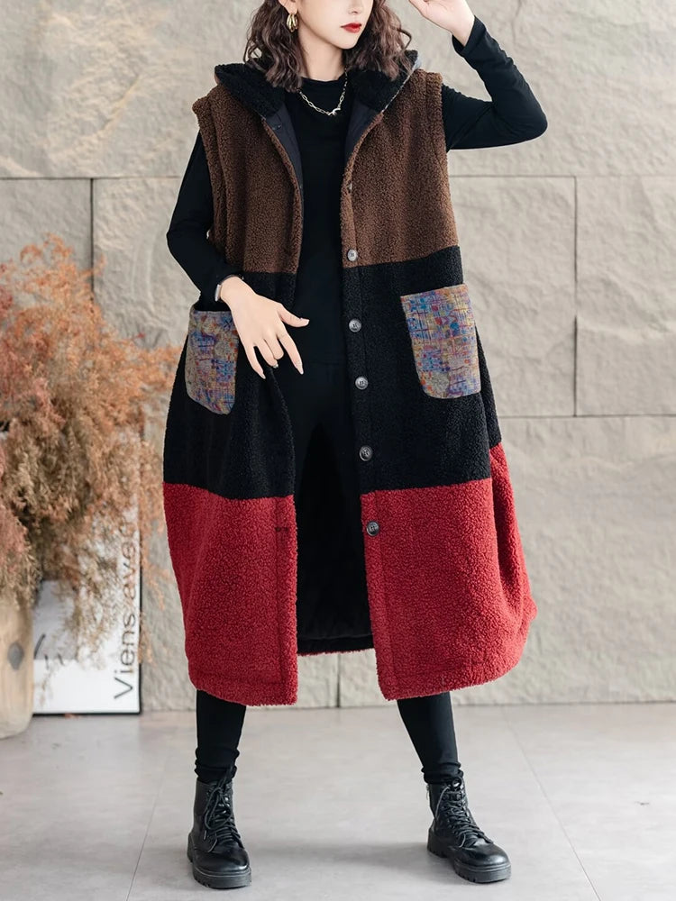 Amax luluE Korean Winter Womens Luxury Fur Padded Long Vest Loose Warm Hooded Sleeveless Coats Classic Casual Thicken Waistcoats