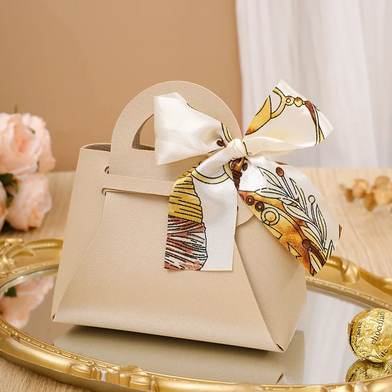 10PCS Distribute Leather Pink Gift Bags Wedding Favour Bag for Guest Mini Handbag with Ribbon Candy Packaging Box Party Decor