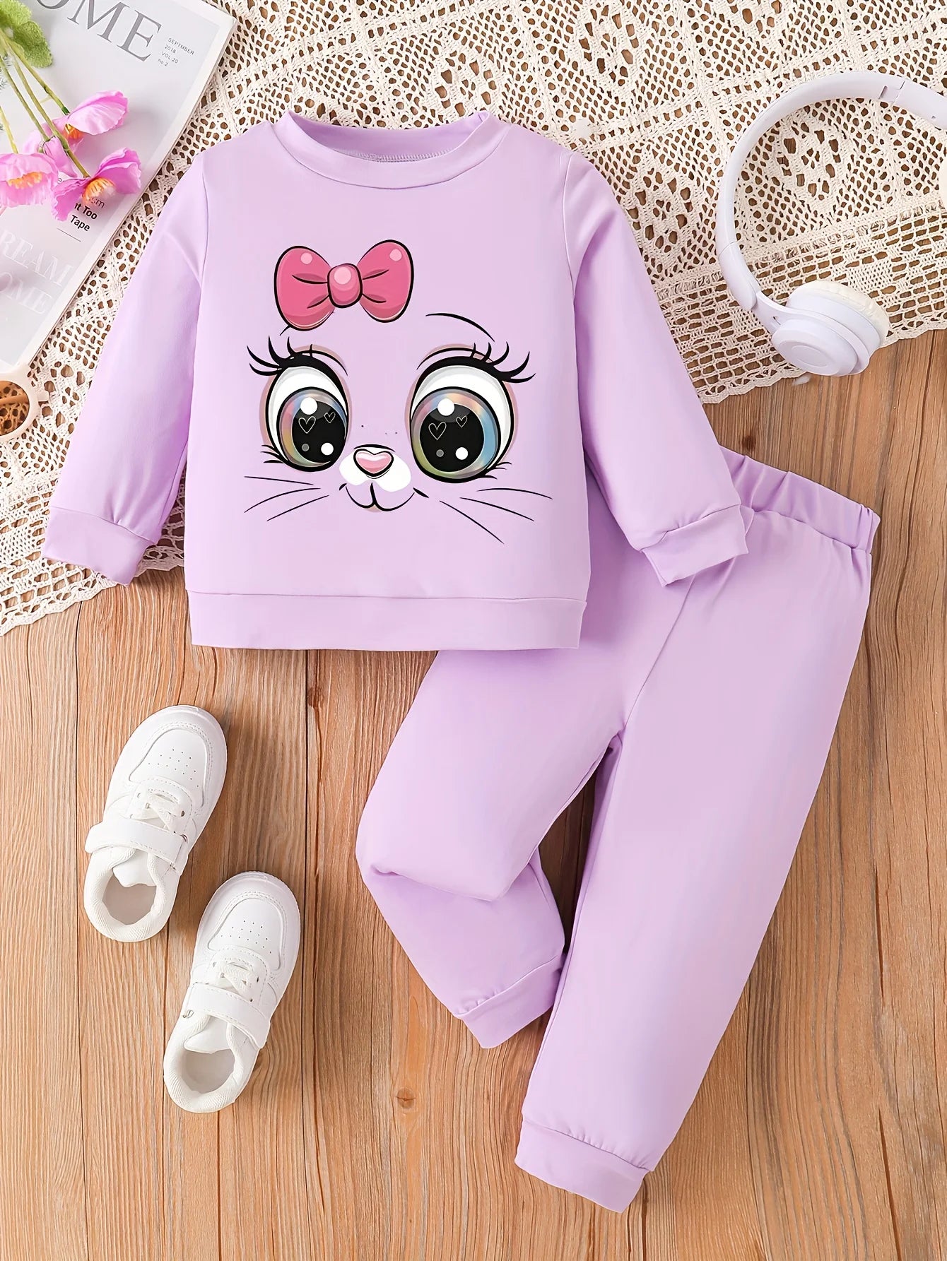 Spring Baby Girls Clothes Set Kid Sweet Cartoon Eyes Printed Sweatshirts Pullover Top and Pants 2 Pieces Suit Children Tracksuit