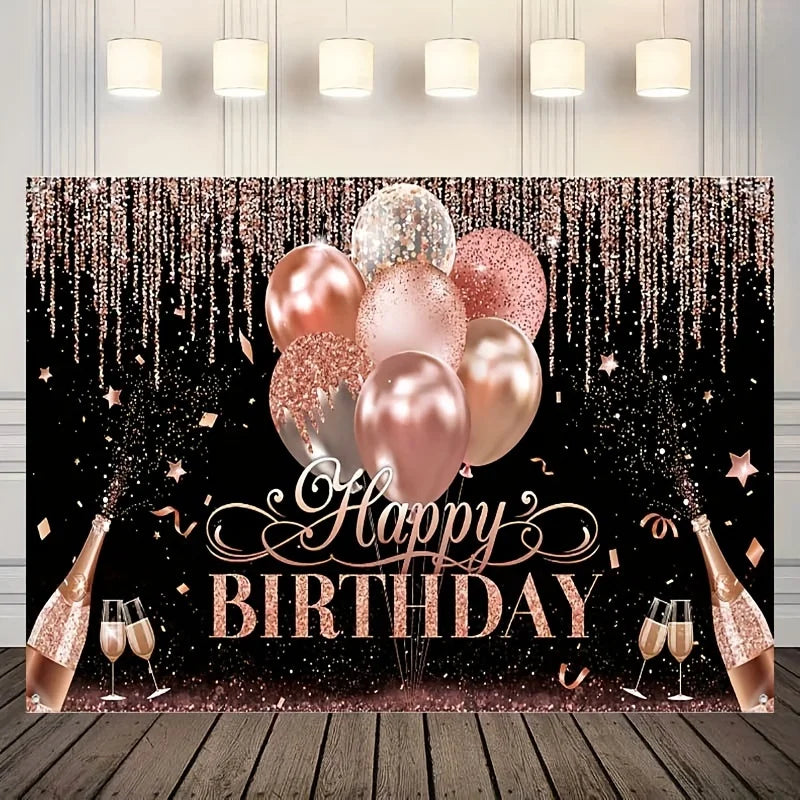 Shiny Balloon Glitter Pink Background Cloth Happy Birthday Party Baby Shower Decoration Arrangement Banner Photography Props
