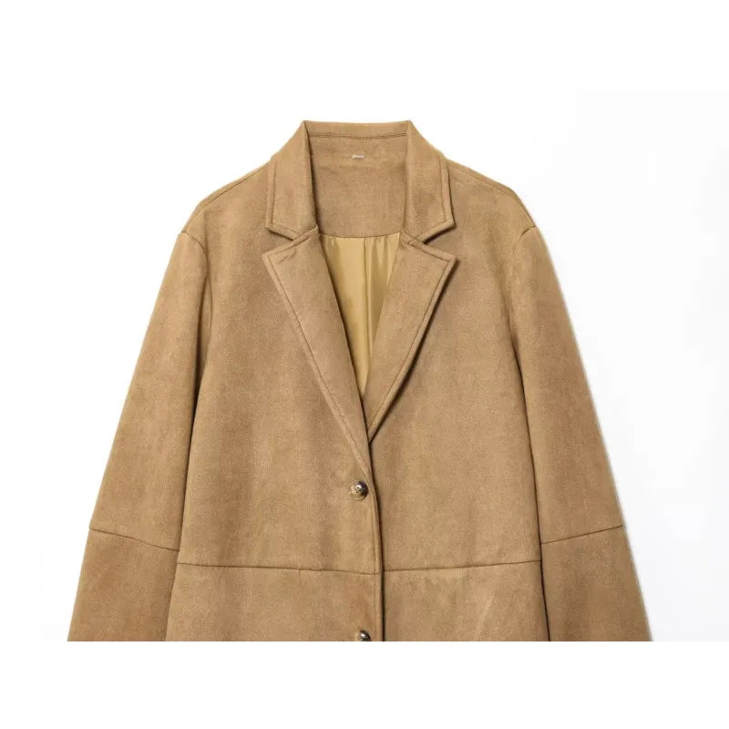 Suede Leather Coat Women Autumn Casual Long Sleeve Notched Lapel Collar Button Jacket Suit Collar Single Buckle Female Overcoat