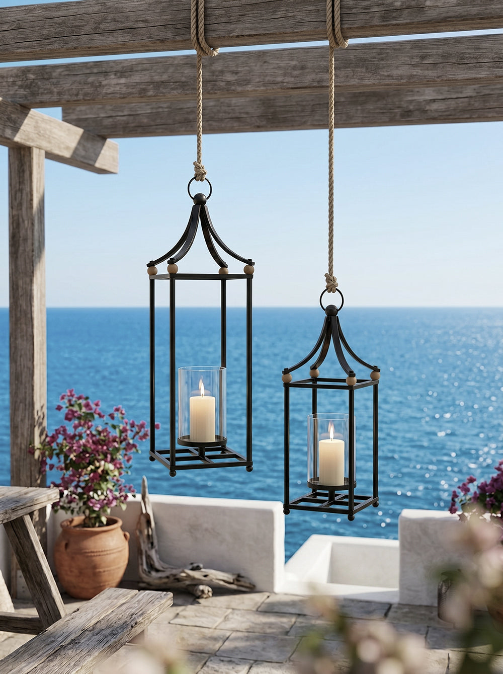 Set of 2 Black Arched Iron Lanterns with Clear Glass Hurricanes