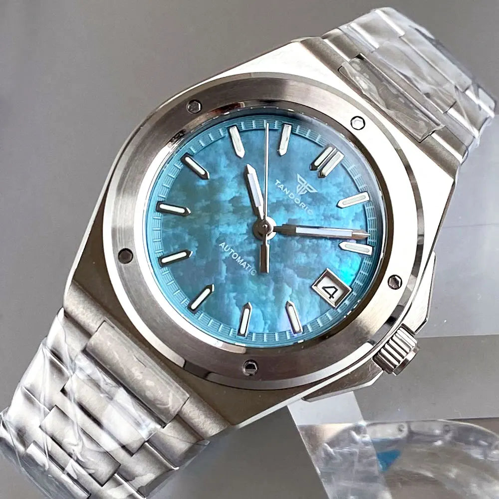 Custom Light Blue Mother of Pearl 40mm Sapphire Crystal Glass 100m Waterproof Japan NH35A Automatic Men Mechanical watch