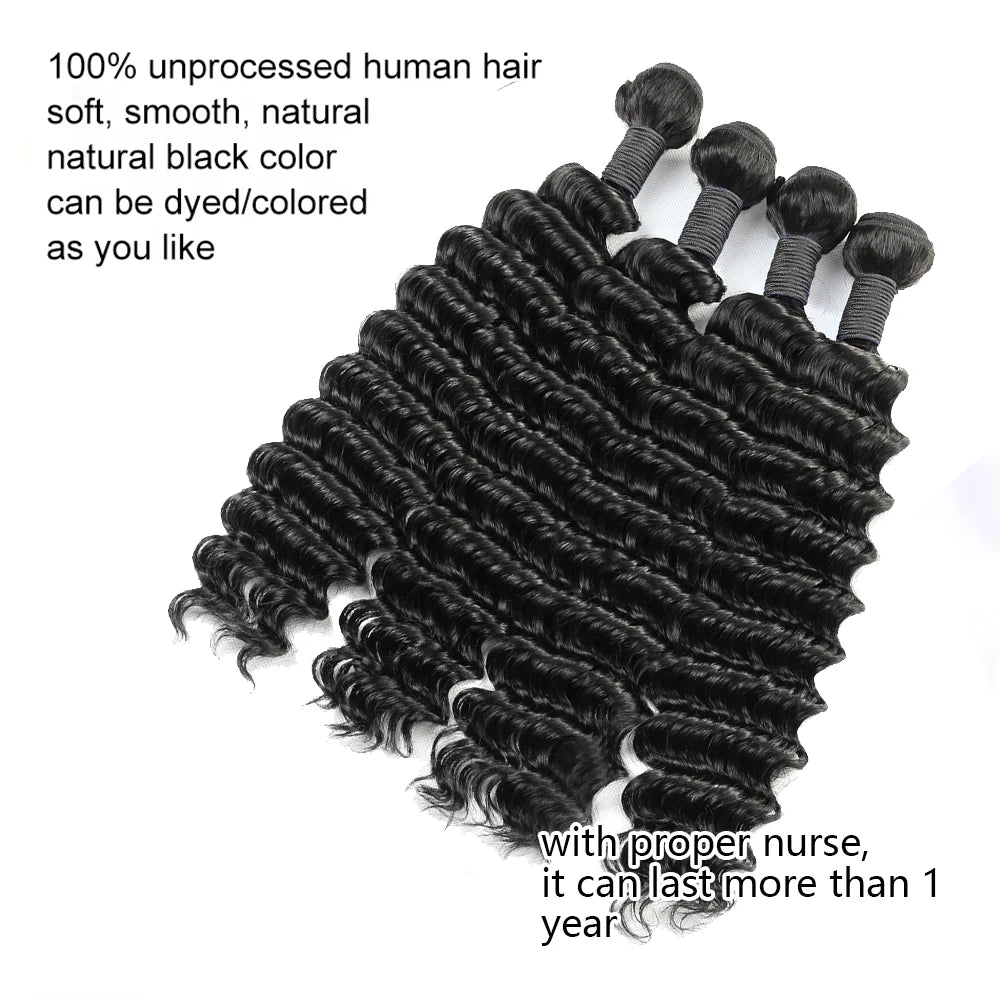 30 40 Inch Peruvian Deep Wave Human Hair Extensions Natural Black 1/3/4 Pcs Women's Loose Deep Wave Human Hair Weave Bundles