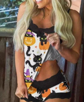 Plus Size Sexy Women Lingerie Set Heart Print Lingerie Lace Pajamas Trim Bowknot Decor Cami Top Lace Patch Shorts Sleepwear Set