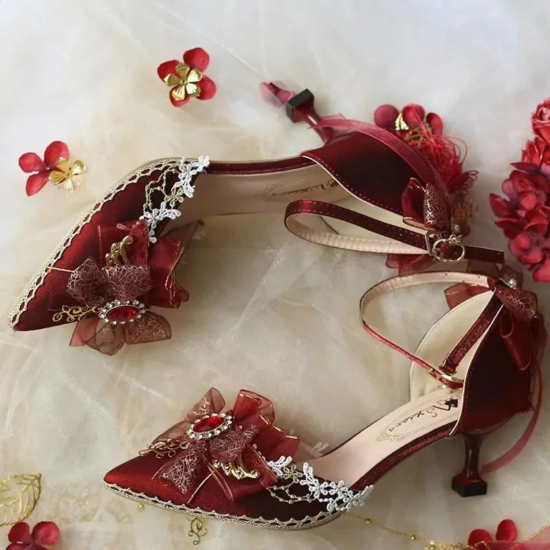 Advanced Red Handmade Romantic and Elegant French Red High Heels Princess Dress High Heels Women's Wedding Shoes