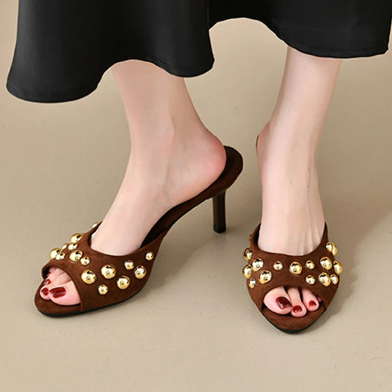 Oulylan Riveted Open Toed Flip-flops Women Summer Sexy Thin High Heels Elegant Solid Color High-heeled Shoes For Party Dress
