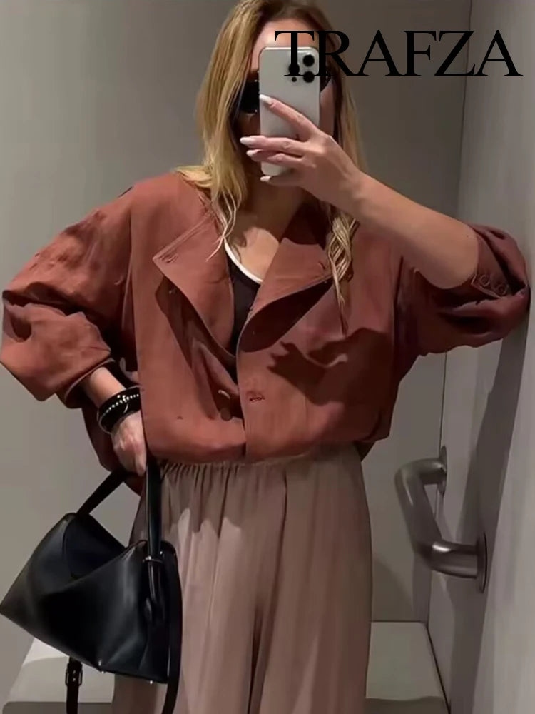 TRAFZA Female New Fashion Casual Jackets Solid O-Neck Long Sleeves Single-Breasted Women's Autumn Streetwear Style Coats