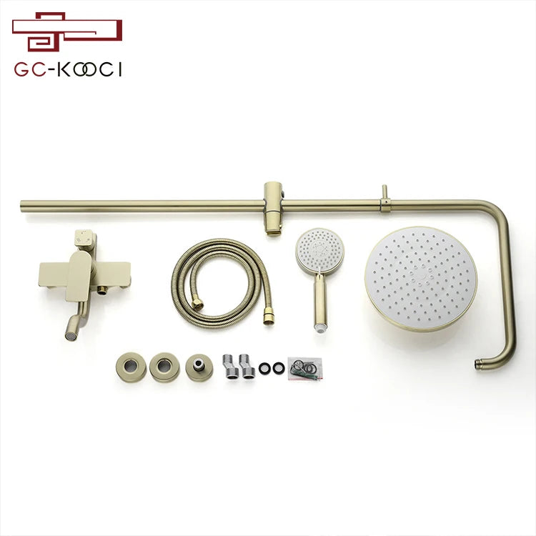 European Style Contemporary Brass Wall Mounted Rain Shower Head Set Single Handle with Brushed Gold Finish Made from Copper