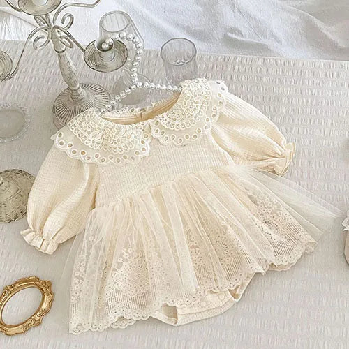 2024 New Autumn 0-24M Children Clothes Newborn Baby Girls Long Sleeved Cotton Bodysuits+Lace Dress Korean Style Climbing Suit