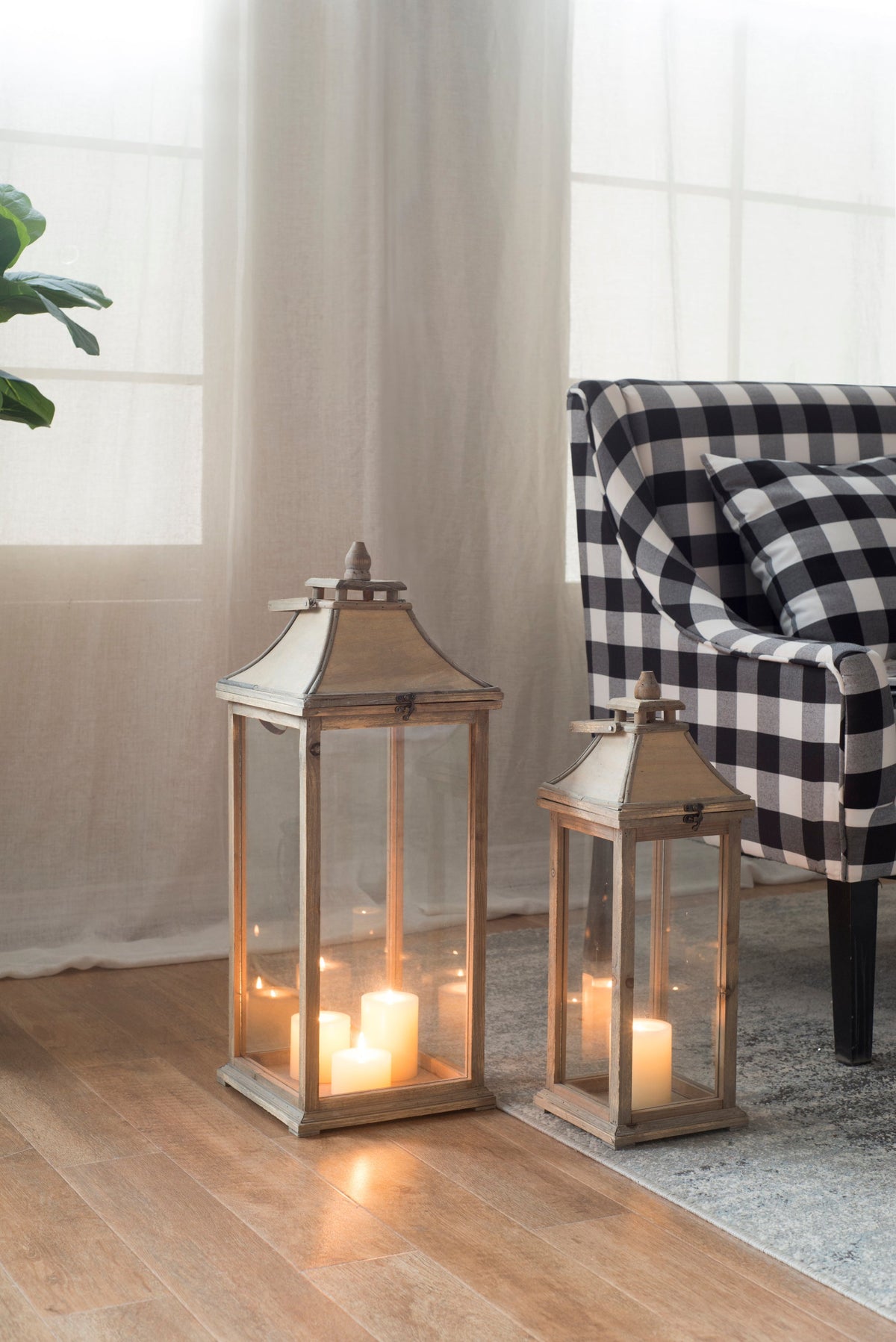 Set of 2 Ivory Wood & Glass Candle Lanterns