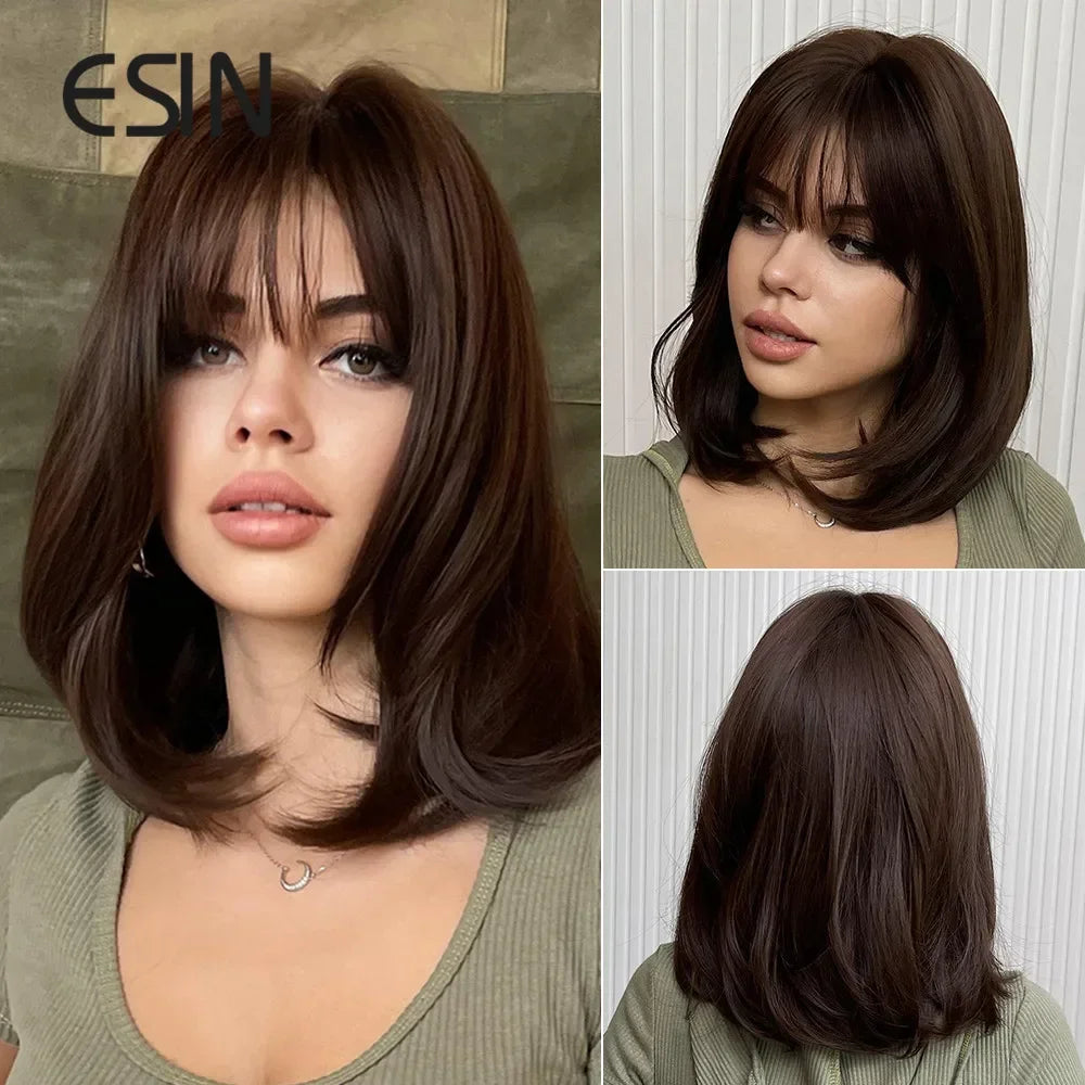 ESIN Synthetic Dark Brown Wig Long Wave Wigs for Women Hair Wig With Bangs Heat Resistant Party Daily Natural Use