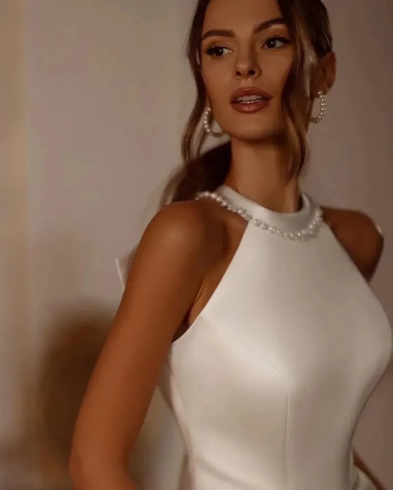 Ivory Wedding Dresses White Bridal Gowns Formal O-Neck Pearls Satin Custom Zipper Lace Up Plus Size New Thigh-High