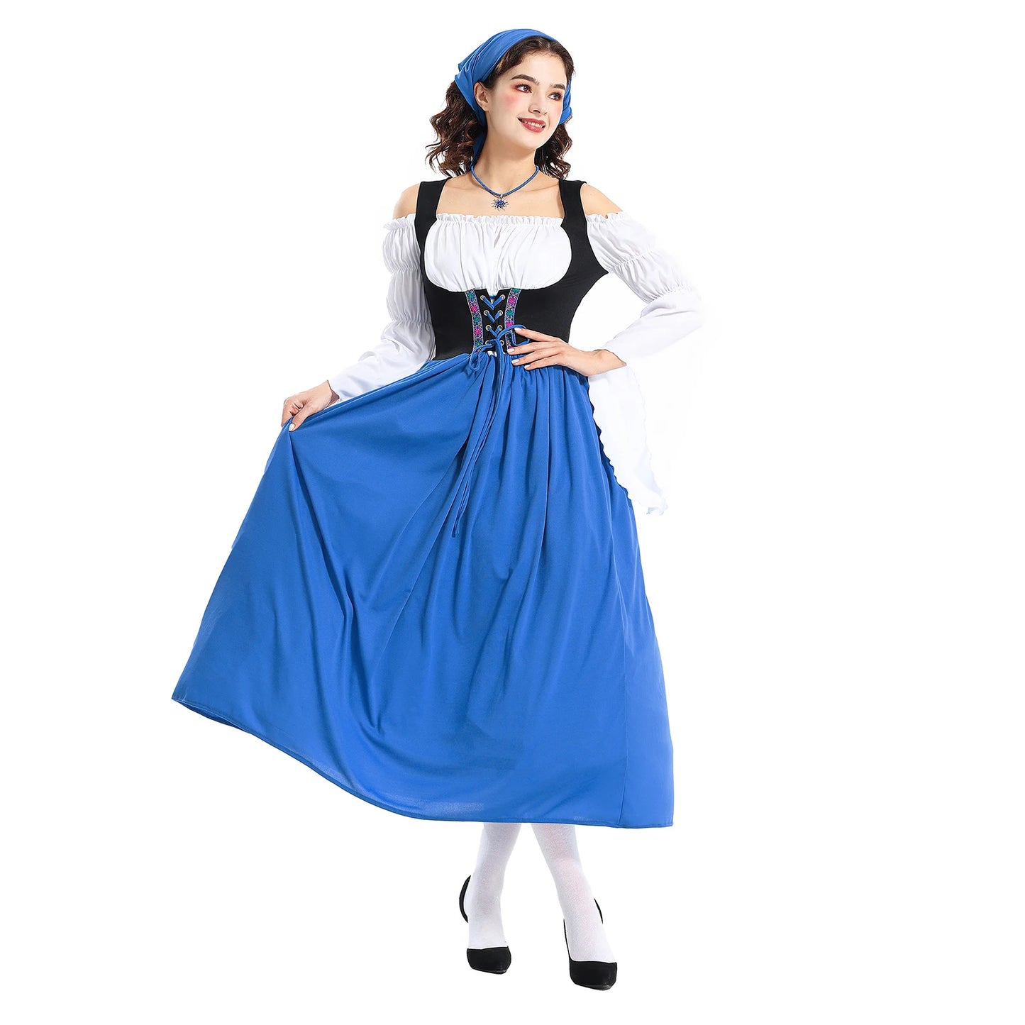 Vintage Halloween Women Maid Outfit Long Sleeve Cold Shoulder Patchwork Long Dress with Hair Scarf Cosplay Costume