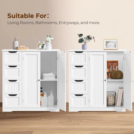 Wooden Bathroom Floor Cabinet, Side Storage Organizer Cabinet with 4 Drawers & Double Doors, Freestanding Entryway Sto