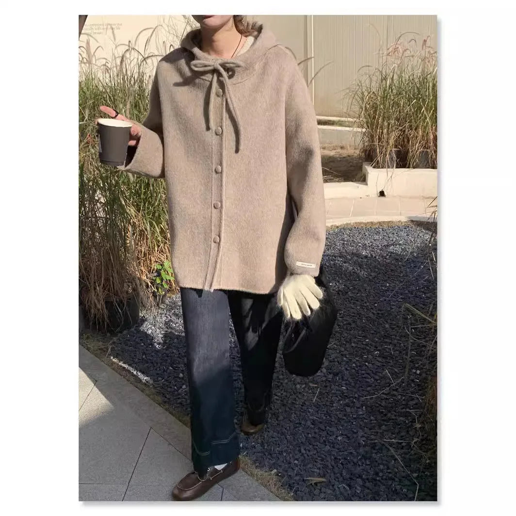 UMI MAO Woolen Coat Women Autumn Jacket New Double-Sided Wool Coat Bowknot Korean College Style Small Size Hooded Wool Coat