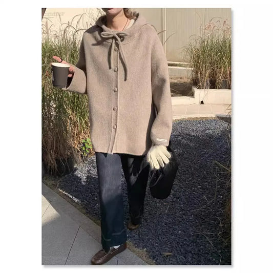 UMI MAO Woolen Coat Women Autumn Jacket New Double-Sided Wool Coat Bowknot Korean College Style Small Size Hooded Wool Coat