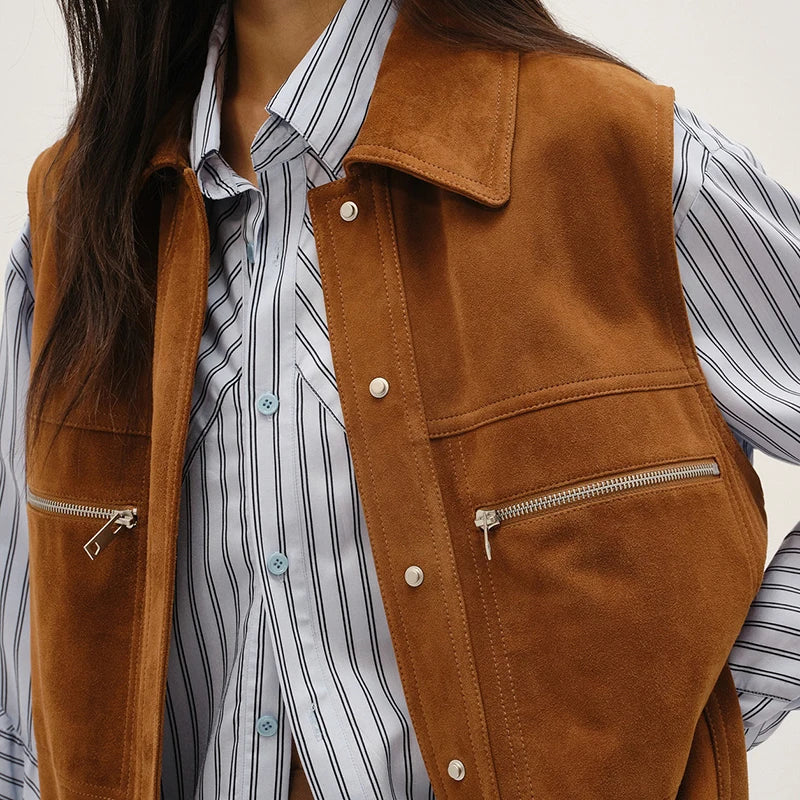 Sheepskin Suede Vest Women Spring Unisex Vintage Style Lapel Single-Breasted Yellowish Brown Genuine Leather Sleeveless Jackets