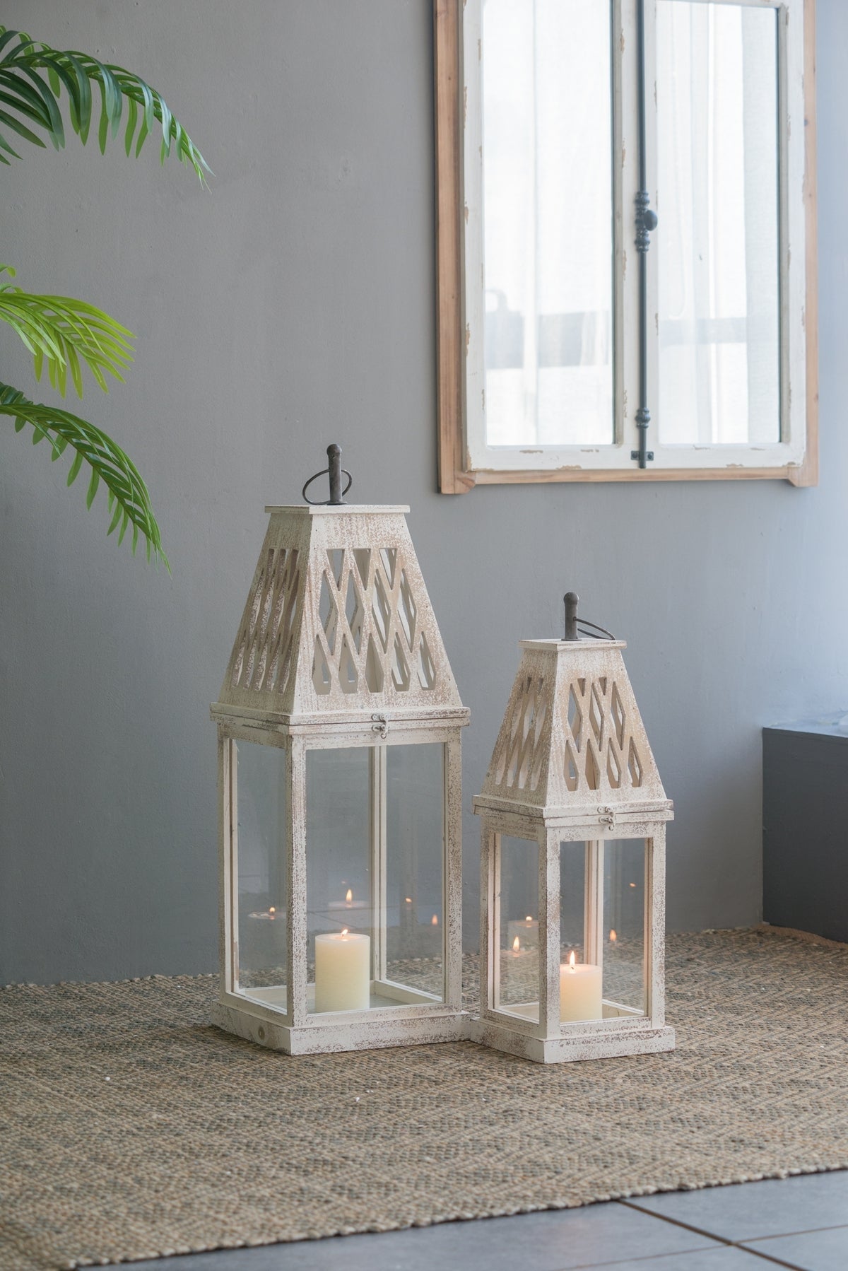 Set of 2 Rustic White French Country Wood & Glass Lanterns