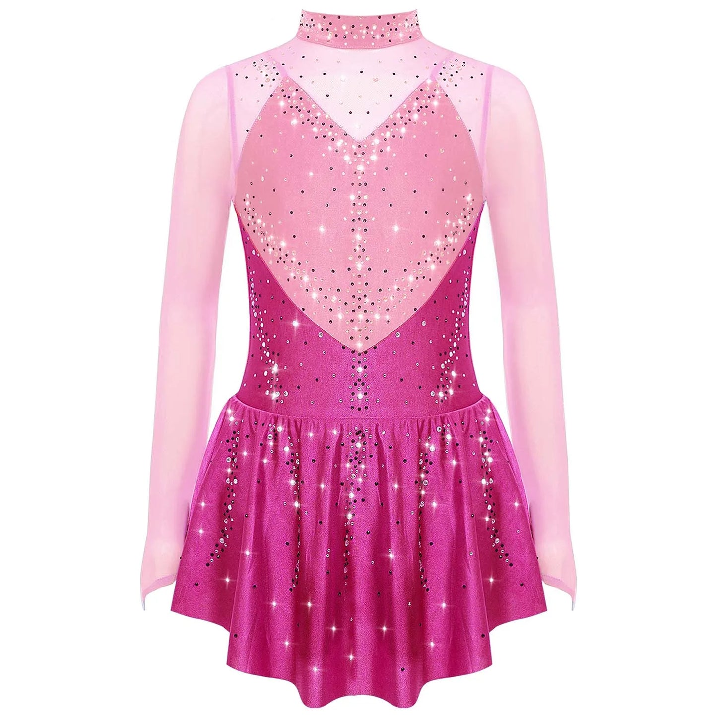 Kids Girls Figure Skating Dance Dress Ballet Lyrical Princess Costume Long Sleeve Color Block Mesh Rhinestones Leotard Dress