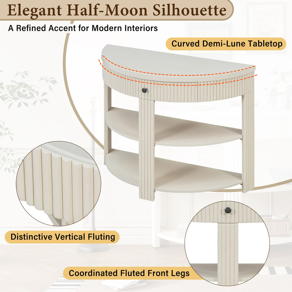 Fluted Half Moon Console Table with Drawer and 2 Shelves for Entryway,