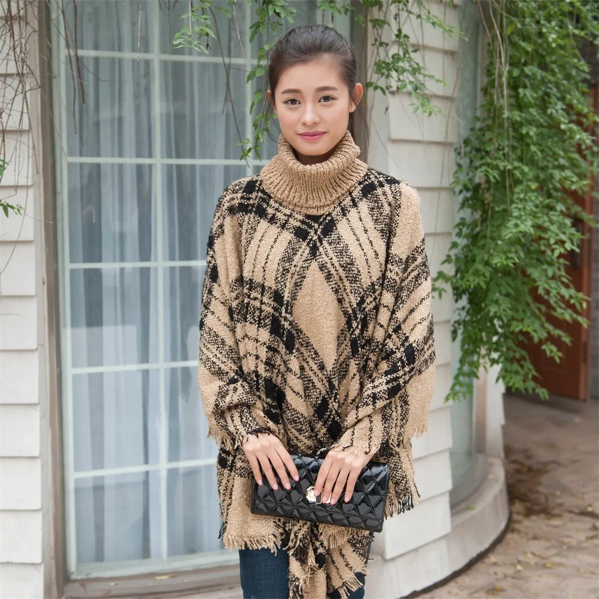 New Women Autumn Winter Striped Knitted Poncho Shawl Sweater Overcoat Streetwear Thick Warm High Neck Loose Knitwear Long Coat