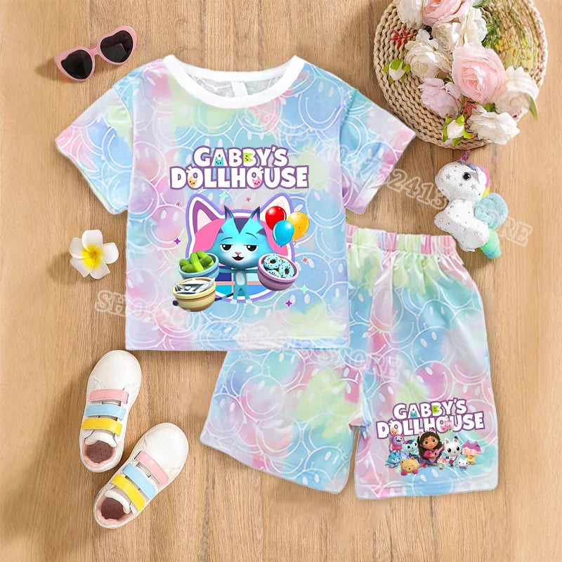 2pcs Gabby Dollhouse Sets Summer Breathable Sweat Absorbent Kids Clothes Baby Girls Kawaii anime Smile Short Sleeve Thin Suit