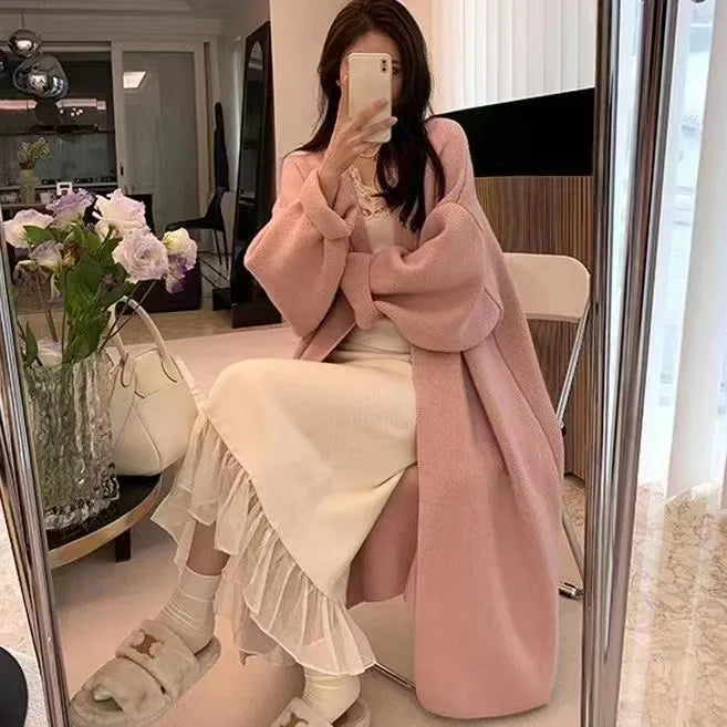 Women Knitted Cardigan Coats Casual Sweater Solid Extra Long Full Sleeves Open Stitch Loose Fit Elegant Office Lady 2025 Autumn