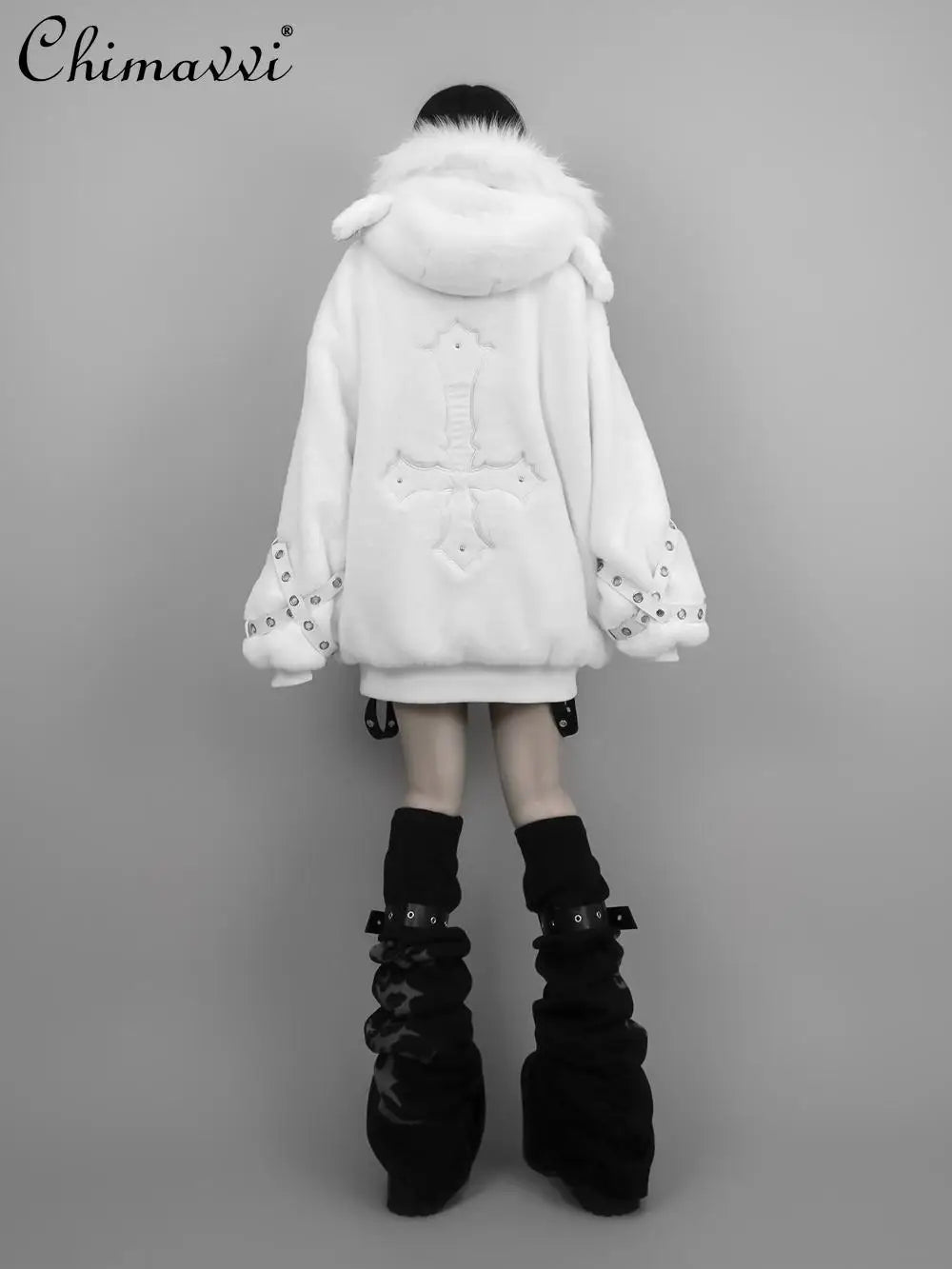 Japanese Mine Series Riveted Cross Sheep Ear Hooded Jacket Winter New Goth Punk Dark Girls Imitation Fur Plush Coat Women