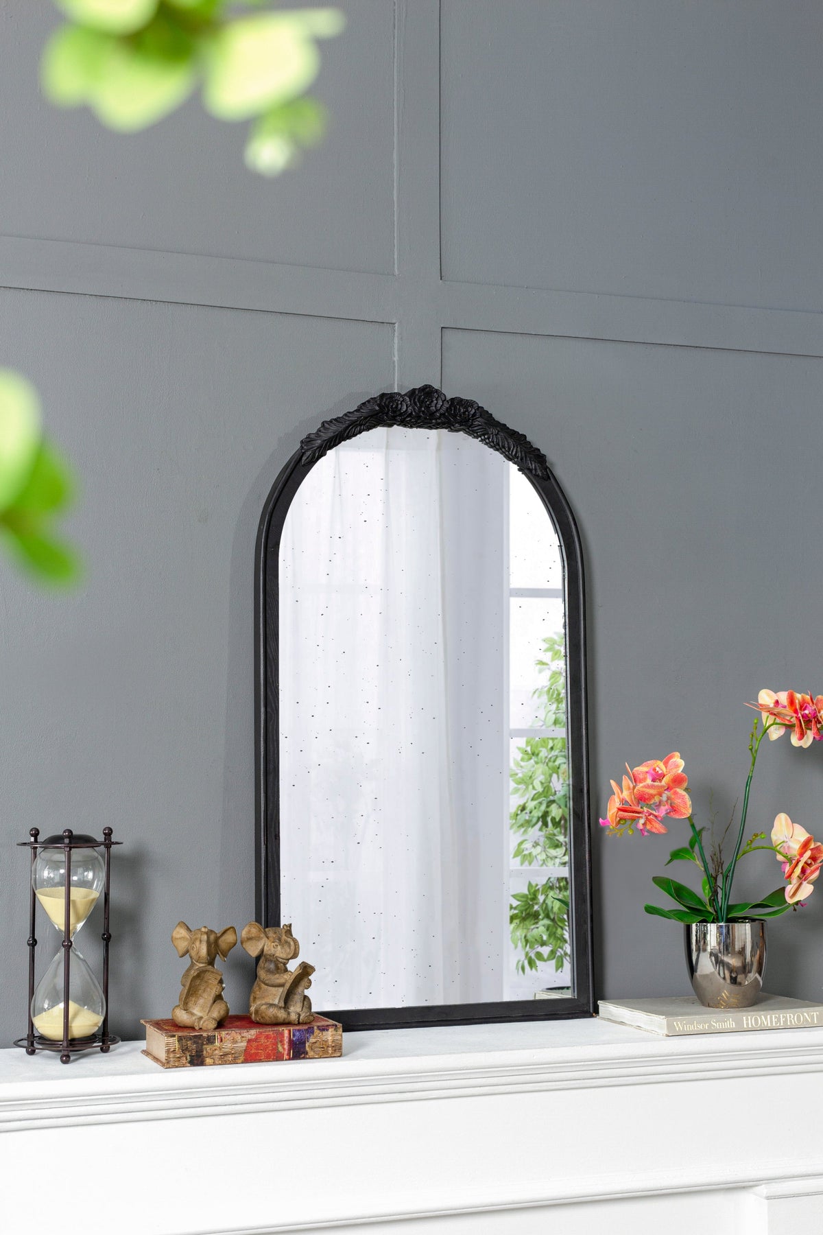 Hand-Carved Rose Arched Wall Mirror, Available in 2 Colors