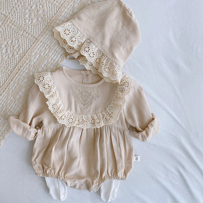 Autumn Spring Baby Girls Clothes Infant Baby Girl Bodysuits+Hat Cotton Flower Embroidery Long Sleeve Newborn Baby Girl Jumpsuit